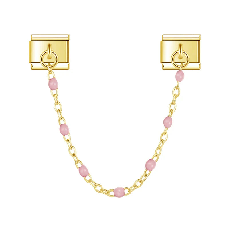 Gold safety chain with pink enamel beads — Italian charm bracelet, by Charmtastic