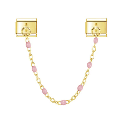 Gold safety chain with pink enamel beads — Italian charm bracelet, by Charmtastic
