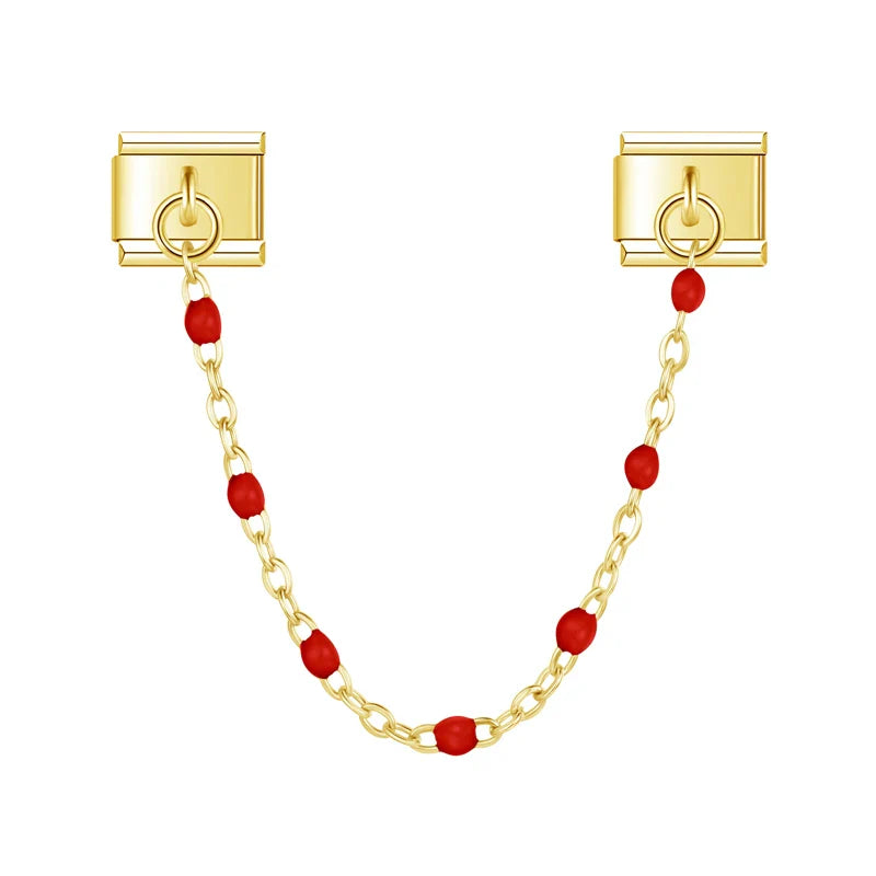 Gold safety chain with red enamel beads — Italian charm bracelet, by Charmtastic