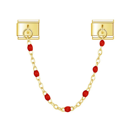Gold safety chain with red enamel beads — Italian charm bracelet, by Charmtastic