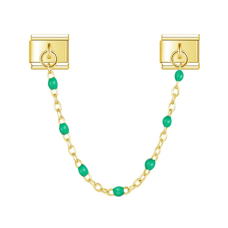 Gold safety chain with teal enamel beads — Italian charm bracelet, by Charmtastic