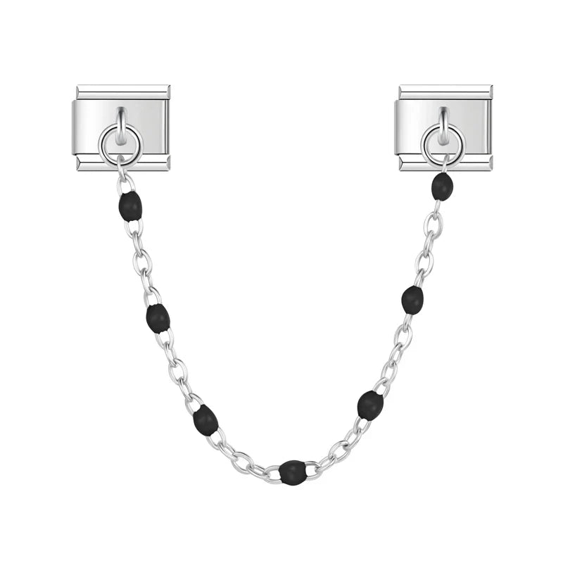 Silver safety chain with black enamel beads — Italian charm bracelet, by Charmtastic
