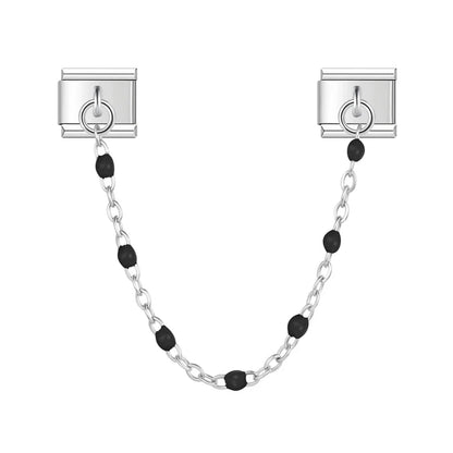 Silver safety chain with black enamel beads — Italian charm bracelet, by Charmtastic