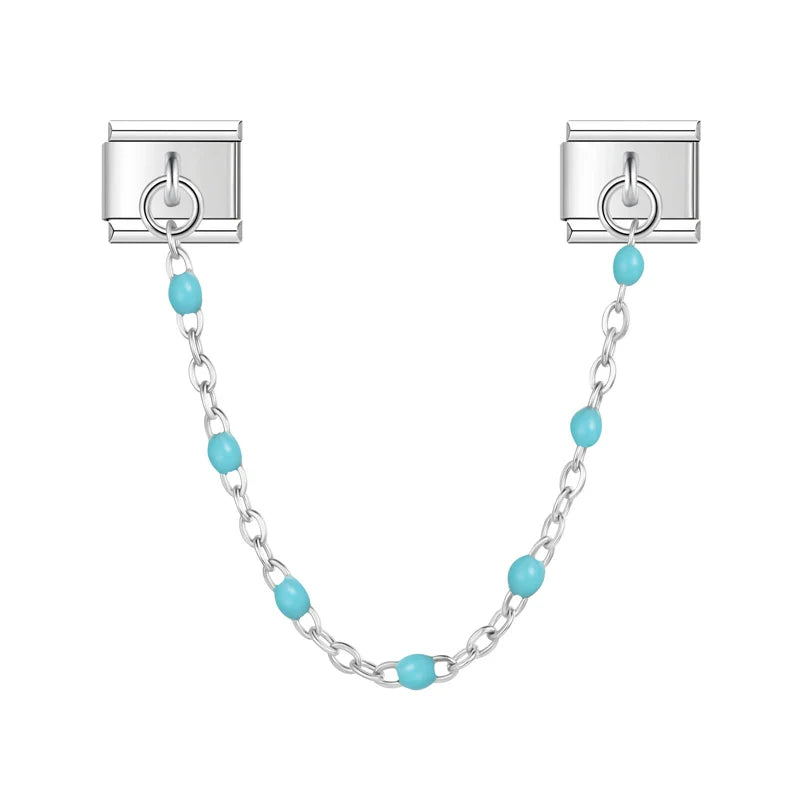 Silver safety chain with light blue enamel beads — Italian charm bracelet, by Charmtastic