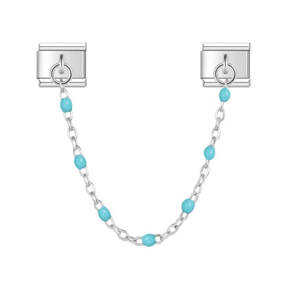 Silver safety chain with light blue enamel beads — Italian charm bracelet, by Charmtastic