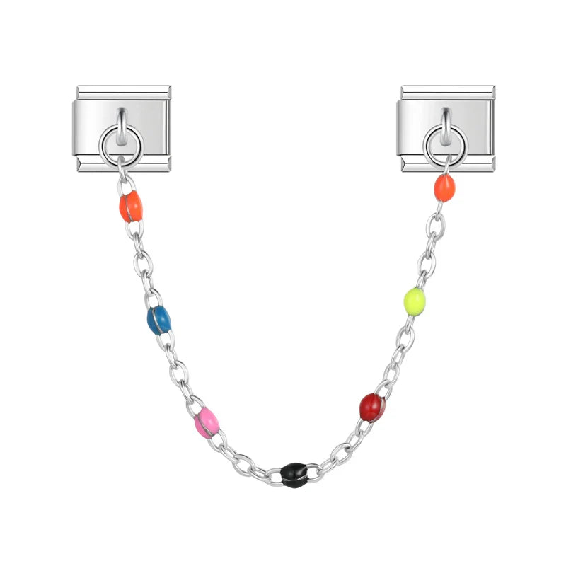 Silver safety chain with multicolor enamel beads — Italian charm bracelet, by Charmtastic