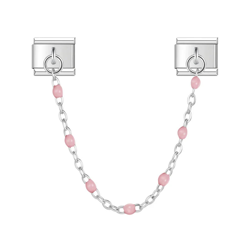 Silver safety chain with pink enamel beads — Italian charm bracelet, by Charmtastic