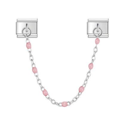 Silver safety chain with pink enamel beads — Italian charm bracelet, by Charmtastic