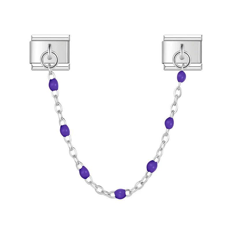 Silver safety chain with purple enamel beads — Italian charm bracelet, by Charmtastic