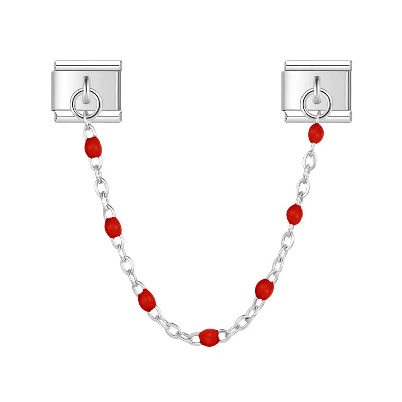 Silver safety chain with red enamel beads — Italian charm bracelet, by Charmtastic