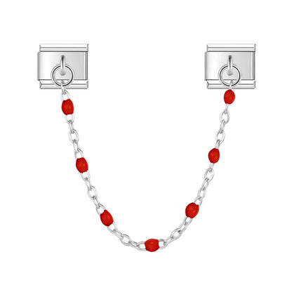 Silver safety chain with red enamel beads — Italian charm bracelet, by Charmtastic