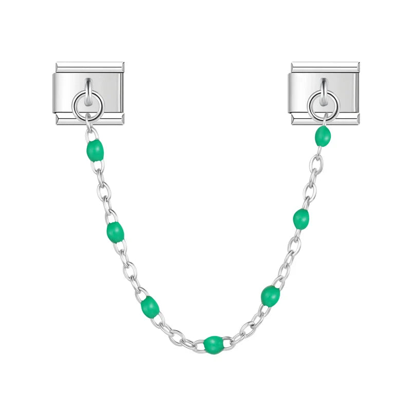 Silver safety chain with teal enamel beads — Italian charm bracelet, by Charmtastic