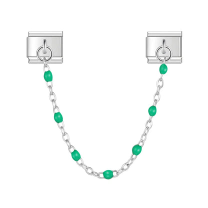 Silver safety chain with teal enamel beads — Italian charm bracelet, by Charmtastic