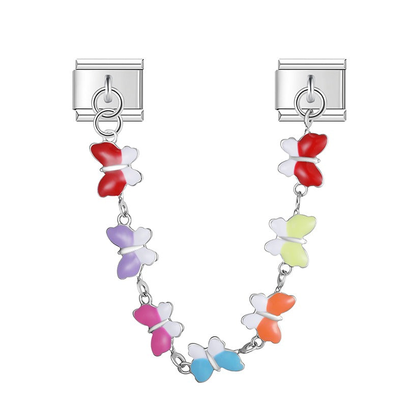 9mm Italian charm bracelet safety chain with a double-link design featuring dangling enamel butterflies, paw prints, and lips in silver and gold finishes for personalized jewelry.
