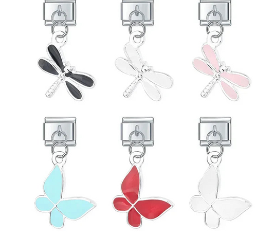 9mm silver Italian charm bracelet links featuring dragonfly dangles in black, white, and pink, and butterfly dangles in blue, red, and white enamel.