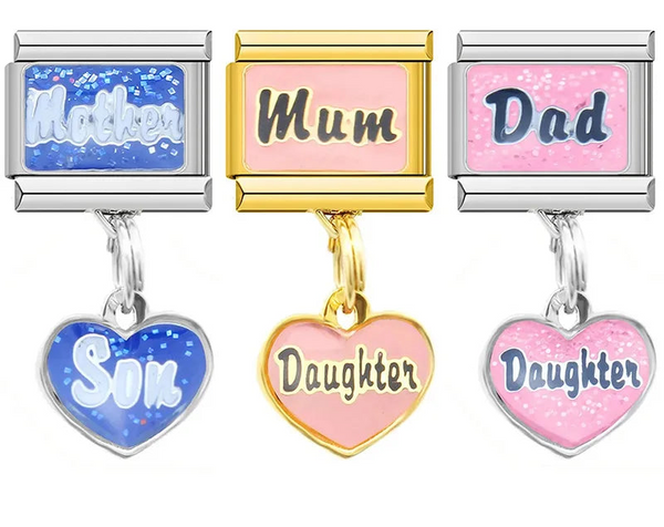A collection of 9mm Italian charms featuring a rectangular base link and a dangling enamel heart. Includes Mother & Son in blue glitter, Mum & Daughter in smooth pink and gold, and Dad & Daughter in pink glitter.