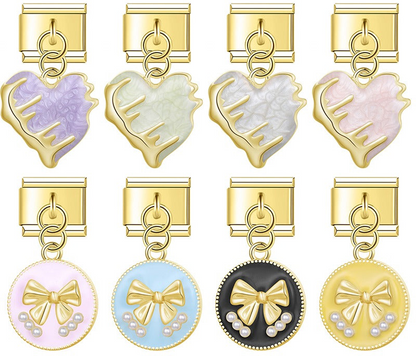 9mm gold Italian charm bracelet links featuring textured enamel hearts with golden branch accents and pastel round medallions with golden bows and pearls.