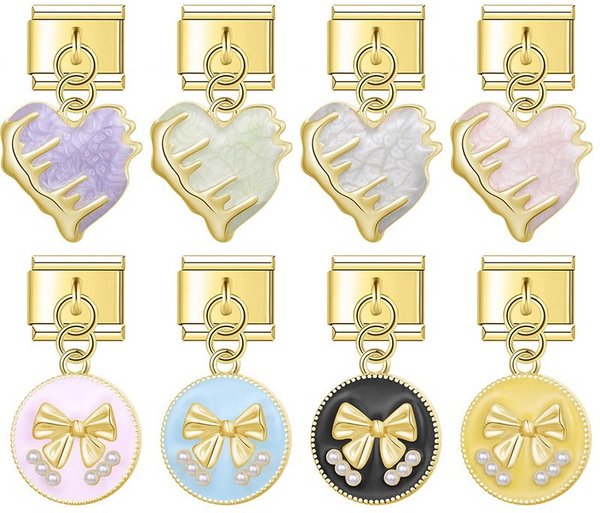 9mm gold Italian charm bracelet links featuring textured enamel hearts with golden branch accents and pastel round medallions with golden bows and pearls.