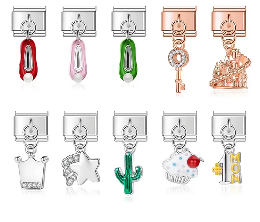 9mm Italian charm bracelet links featuring red, pink, and green ballet slippers, a rose gold key and castle, a silver crown, a shooting star, a green cactus, a cupcake, and a #1 MOM dangle.