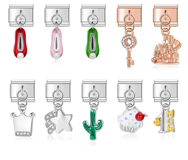 9mm Italian charm bracelet links featuring red, pink, and green ballet slippers, a rose gold key and castle, a silver crown, a shooting star, a green cactus, a cupcake, and a #1 MOM dangle.