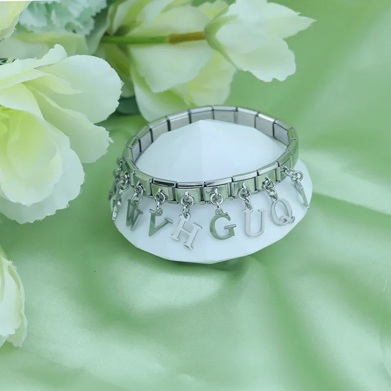 English Letter Charms Silver – bracelet with W, V, H, G, U, Q letter charms in silver, Italian charm bracelet by Charmtastic