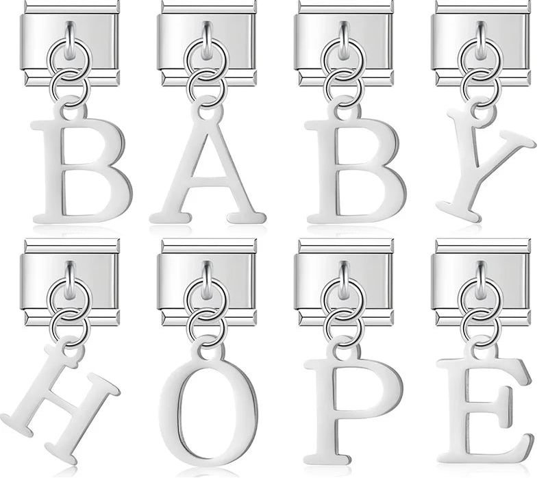 English Letter Charms Silver – individual alphabet letter charms in silver spelling BABY and HOPE examples, Italian charm bracelet charms by Charmtastic