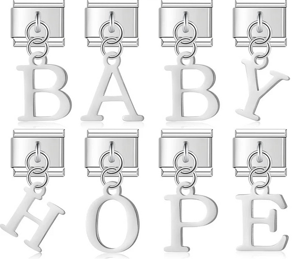 English Letter Charms Silver – individual alphabet letter charms in silver spelling BABY and HOPE examples, Italian charm bracelet charms by Charmtastic