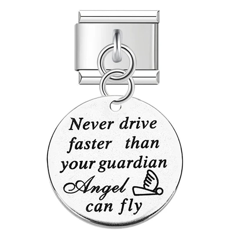 Artisan Engraved Sentiment Dangle Charm – engraved Never Drive Faster Than Your Guardian Angel Can Fly charm tag in silver, Italian charm bracelet charm by Charmtastic