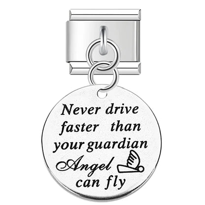 Artisan Engraved Sentiment Dangle Charm – engraved Never Drive Faster Than Your Guardian Angel Can Fly charm tag in silver, Italian charm bracelet charm by Charmtastic