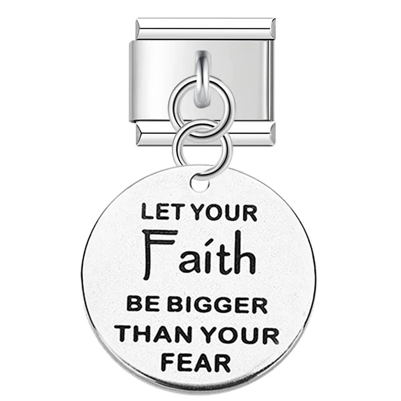 Artisan Engraved Sentiment Dangle Charm – engraved Let Your Faith Be Bigger Than Your Fear charm tag in silver, Italian charm bracelet charm by Charmtastic