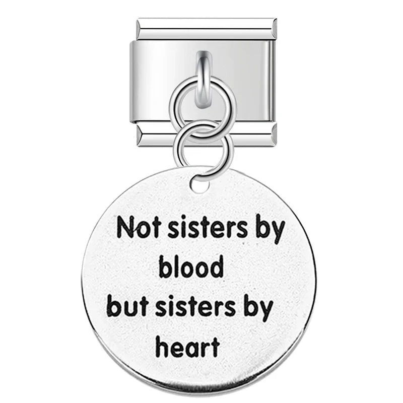 Artisan Engraved Sentiment Dangle Charm – engraved Not Sisters By Blood But Sisters By Heart charm tag in silver, Italian charm bracelet charm by Charmtastic