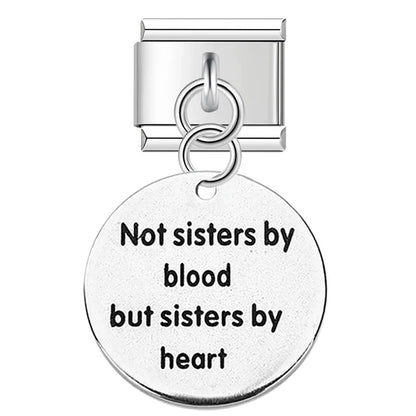 Artisan Engraved Sentiment Dangle Charm – engraved Not Sisters By Blood But Sisters By Heart charm tag in silver, Italian charm bracelet charm by Charmtastic