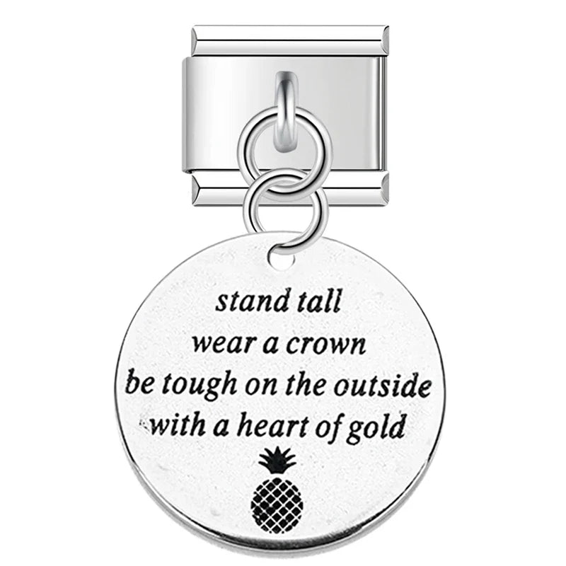 Artisan Engraved Sentiment Dangle Charm – engraved Stand Tall Wear A Crown charm tag in silver, Italian charm bracelet charm by Charmtastic