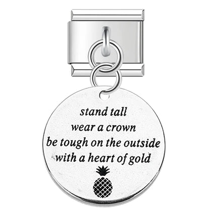 Artisan Engraved Sentiment Dangle Charm – engraved Stand Tall Wear A Crown charm tag in silver, Italian charm bracelet charm by Charmtastic