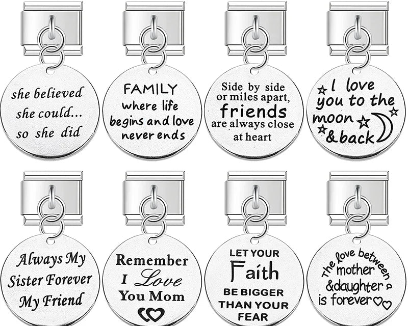 Artisan Engraved Sentiment Dangle Charm – engraved sentiment charm tags including She Believed She Could, Family, I Love You To The Moon And Back, and Always My Sister Forever My Friend in silver, Italian charm bracelet charms by Charmtastic