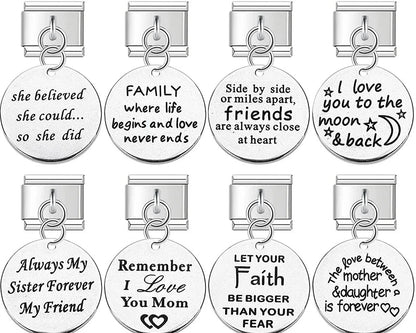 Artisan Engraved Sentiment Dangle Charm – engraved sentiment charm tags including She Believed She Could, Family, I Love You To The Moon And Back, and Always My Sister Forever My Friend in silver, Italian charm bracelet charms by Charmtastic
