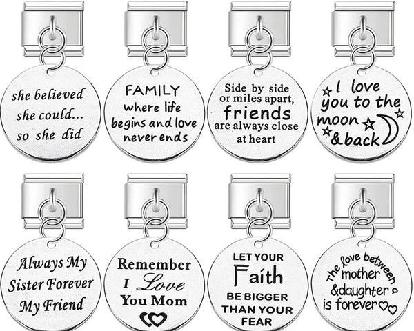 Artisan Engraved Sentiment Dangle Charm – engraved sentiment charm tags including She Believed She Could, Family, I Love You To The Moon And Back, and Always My Sister Forever My Friend in silver, Italian charm bracelet charms by Charmtastic