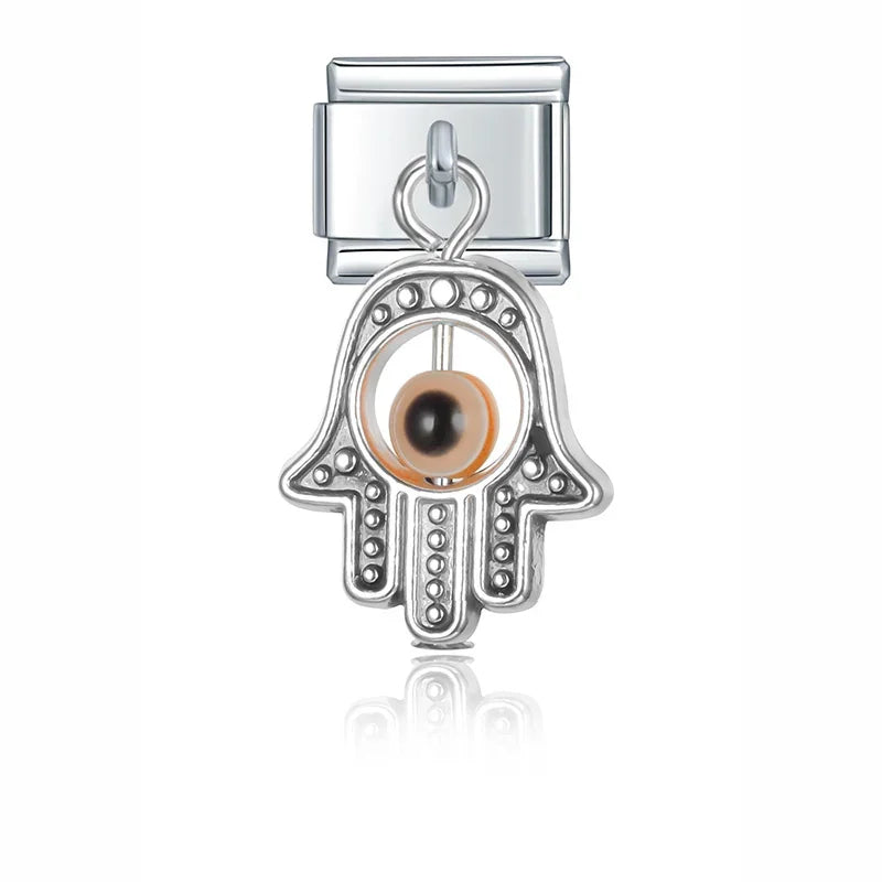 Eyes Palms silver and gold pendant charms – silver hamsa hand charm with amber eye bead, Italian charm bracelet charm by Charmtastic