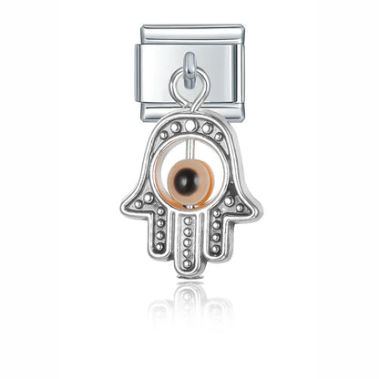 Eyes Palms silver and gold pendant charms – silver hamsa hand charm with amber eye bead, Italian charm bracelet charm by Charmtastic