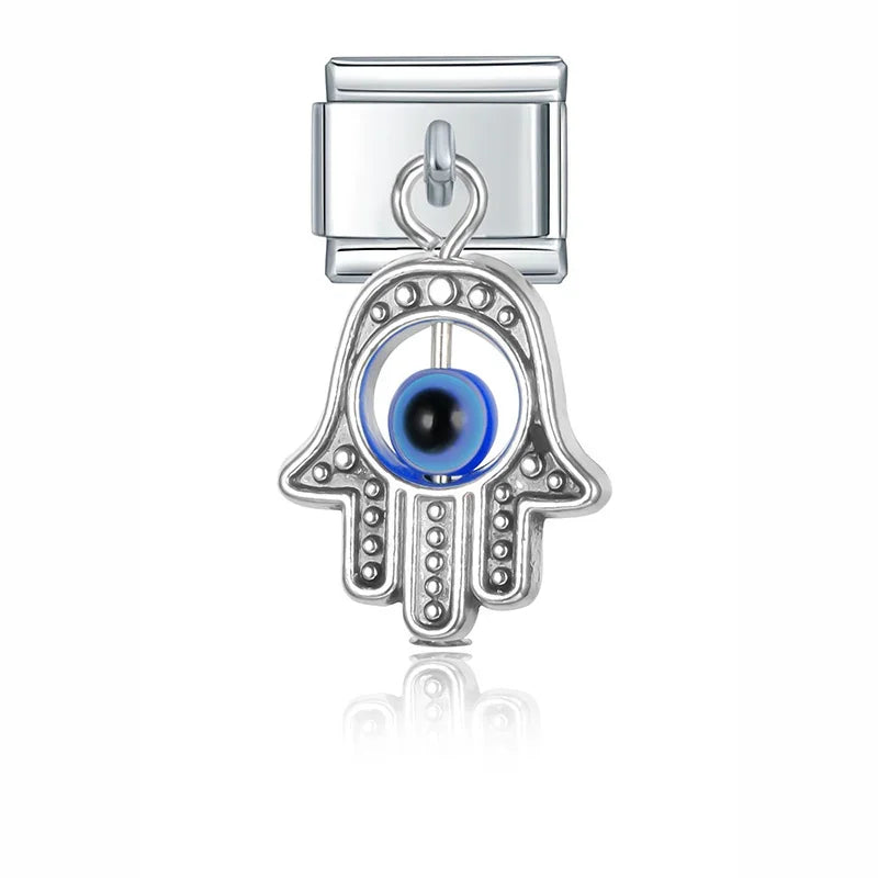 Eyes Palms silver and gold pendant charms – silver hamsa hand charm with blue eye bead, Italian charm bracelet charm by Charmtastic