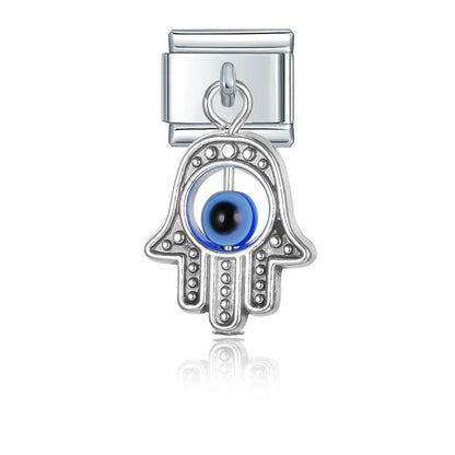 Eyes Palms silver and gold pendant charms – silver hamsa hand charm with blue eye bead, Italian charm bracelet charm by Charmtastic