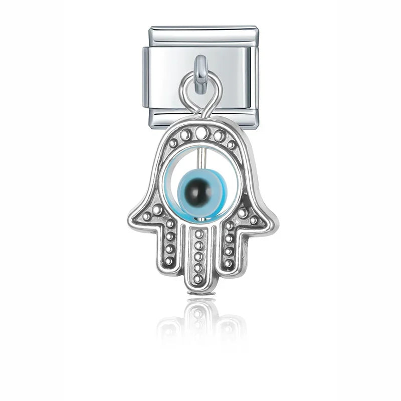 Eyes Palms silver and gold pendant charms – silver hamsa hand charm with light blue eye bead, Italian charm bracelet charm by Charmtastic