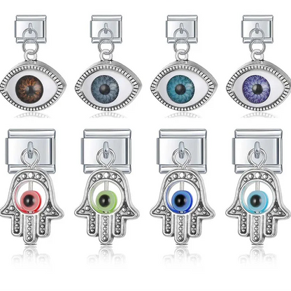 Eyes Palms silver and gold pendant charms – silver Italian charm set including evil eye disc charms and hamsa hand charms with colored eye centers, Italian charm bracelet charms by Charmtastic