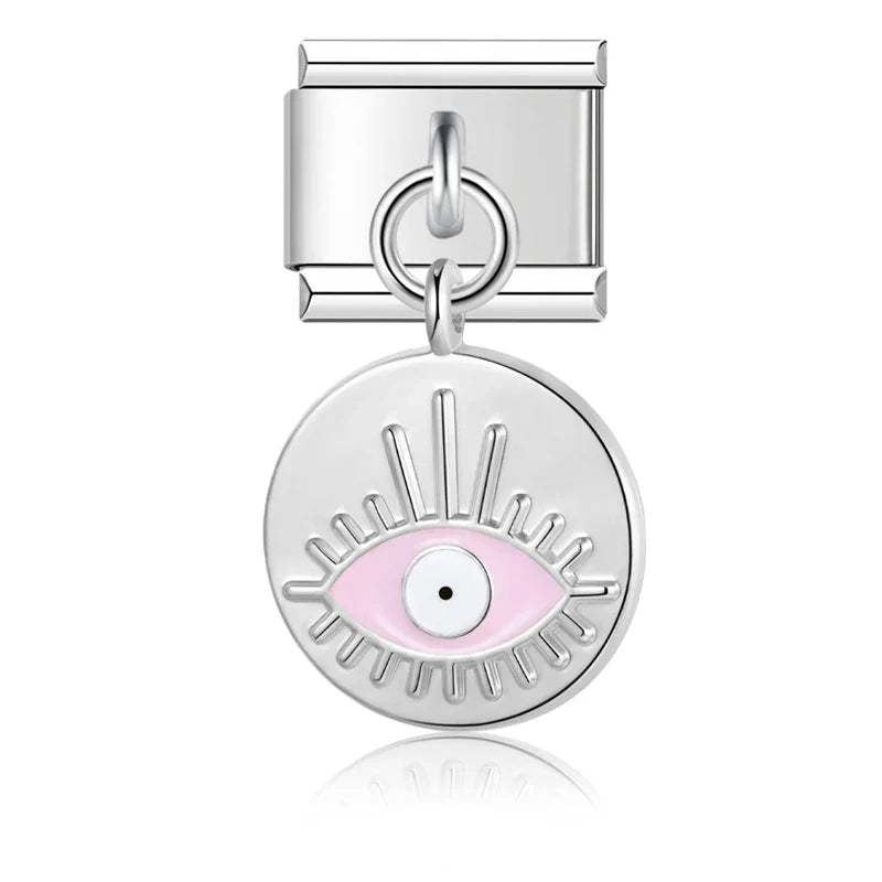 Eyes Palms silver and gold pendant charms – silver evil eye disc charm with pink enamel eye, Italian charm bracelet charm by Charmtastic