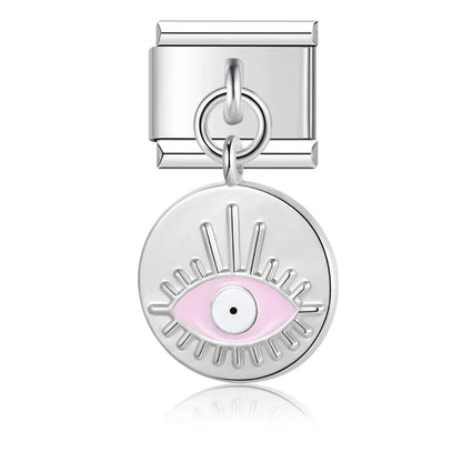 Eyes Palms silver and gold pendant charms – silver evil eye disc charm with pink enamel eye, Italian charm bracelet charm by Charmtastic