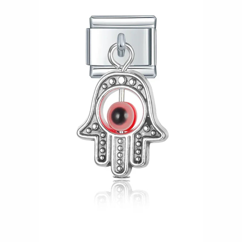 Eyes Palms silver and gold pendant charms – silver hamsa hand charm with red eye bead, Italian charm bracelet charm by Charmtastic