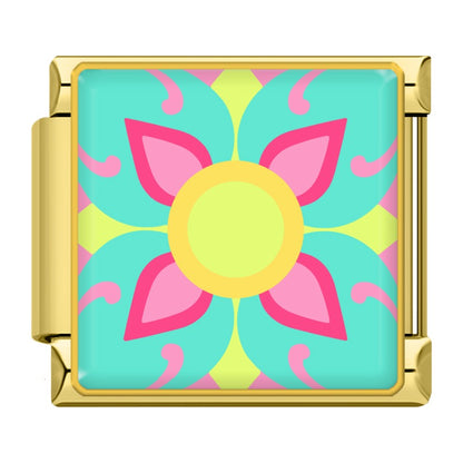 Colourful Vibrant Mosaic Tile Pattern Italian Charms — Silver & Gold Border Bracelet Links