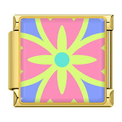 Colourful Vibrant Mosaic Tile Pattern Italian Charms — Silver & Gold Border Bracelet Links