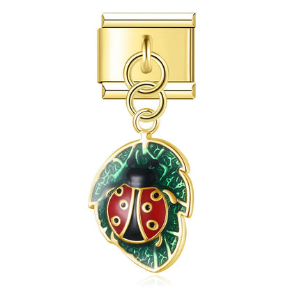 Ladybug, Shell & Floral Heart Dangle Charm in Gold