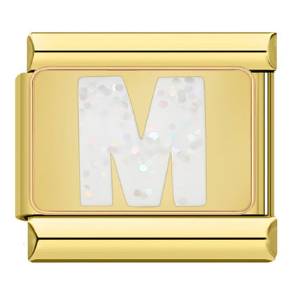Golden Glitter Letter Initial Italian Charms A–Y — White Glitter Alphabet Gold Border Links